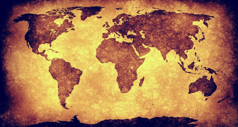 The Vintage Earth Wall Mural features all continents in dark brown on a textured, aged yellow-brown background, creating an antique look. Ideal as peel and stick wall mural or removable wallpaper, it clearly shows Africa, Europe, Asia, the Americas, and Australia.
