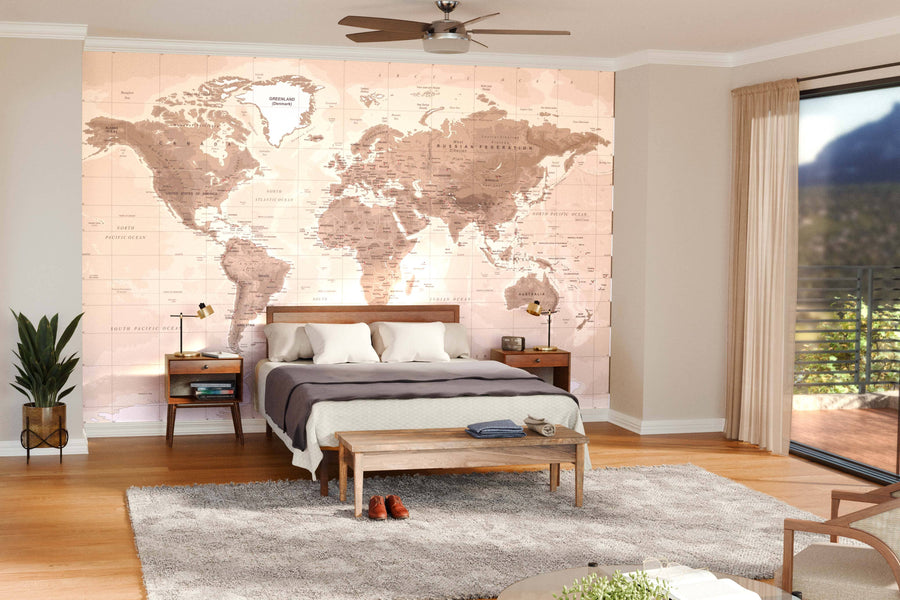 A modern bedroom showcases a large Vintage World Wall Mural above a wooden bed with white and beige bedding. Nightstands with lamps, a bench, plants, and big windows fill the space with natural light for an inviting feel.