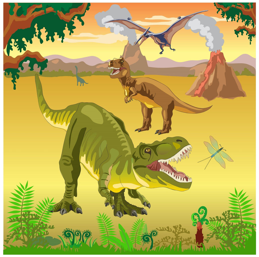 The Volcanic Era Wall Mural features a green T. rex with an open mouth in the foreground, a brown T. rex and pterodactyl by a volcano, and a blue dinosaur in the distance amid lush plants under an orange sky, perfect for custom wall decor.