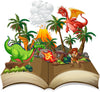 An open storybook shows a lively, fantastical jungle with dragons and an adventurer. Bring this magic to your space with the Nursery 10 Wall Mural—custom printed, easy to apply peel and stick decor for any room.