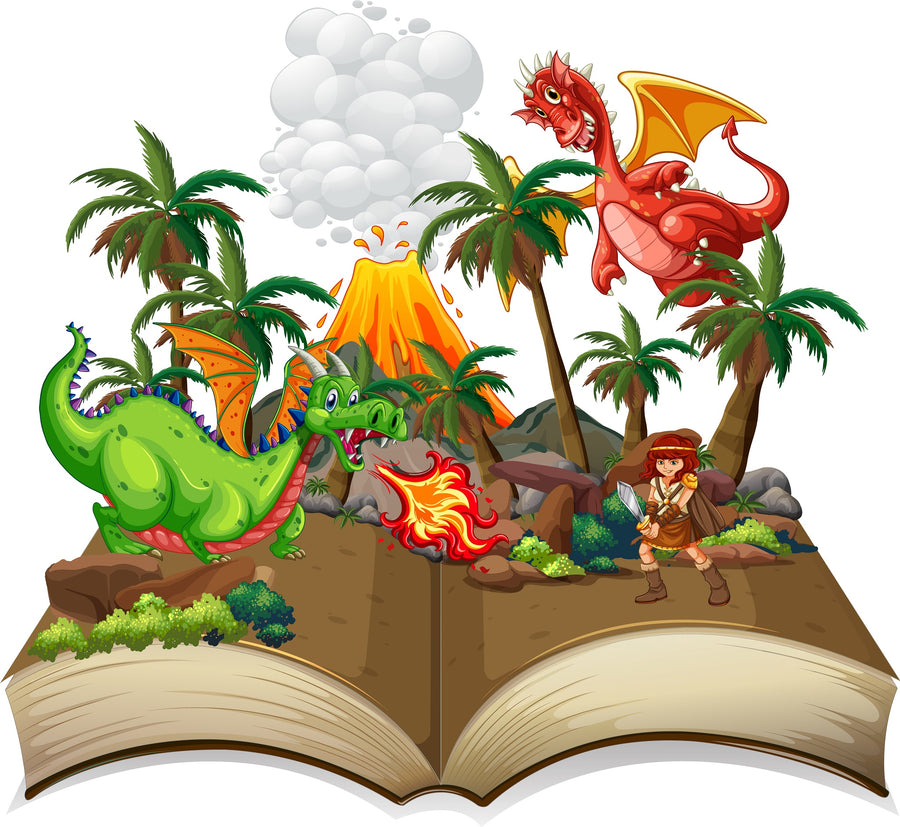 A bright nursery features a crib, rocking horse, toys, blue curtains, white cabinets, and the Volcano Battle Wall Mural—dragons and a volcano with pirates and palm trees bursting from an open book—for a playful, cozy vibe.