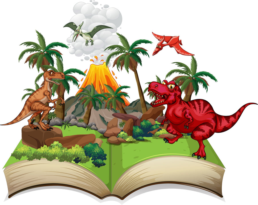 A nursery featuring the Volcano Dino World Wall Mural with cartoon dinosaurs, palm trees, and a volcano from an open book, plus a crib, rocking horse, toys, blue-curtained window, and white furniture with wooden accents.