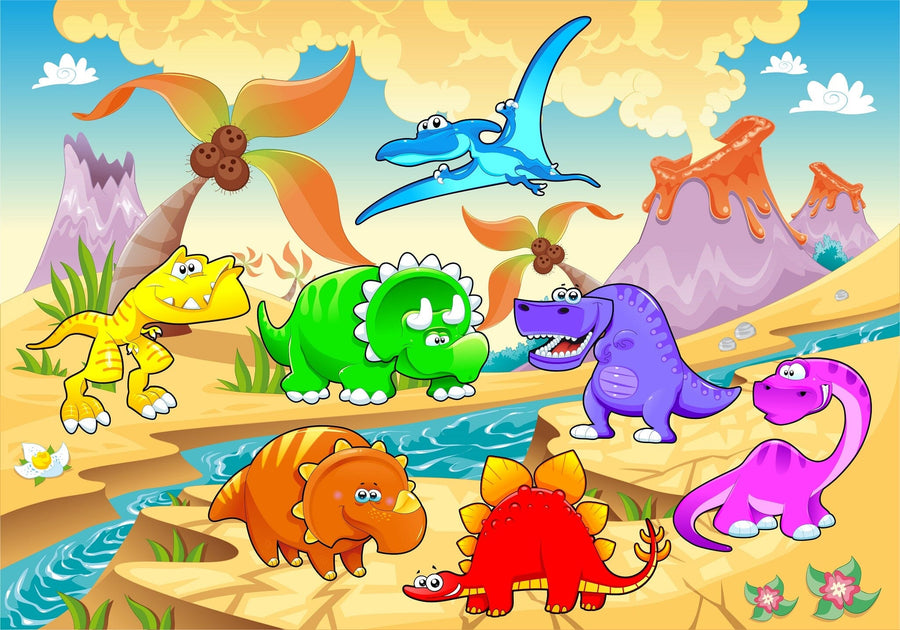 A nursery with a crib and changing table features the Volcano Valley Dinosaurs Wall Mural, displaying cartoon dinosaurs, volcanoes, trees, and mountains. The room also includes a plant, shelves, and baby supplies.