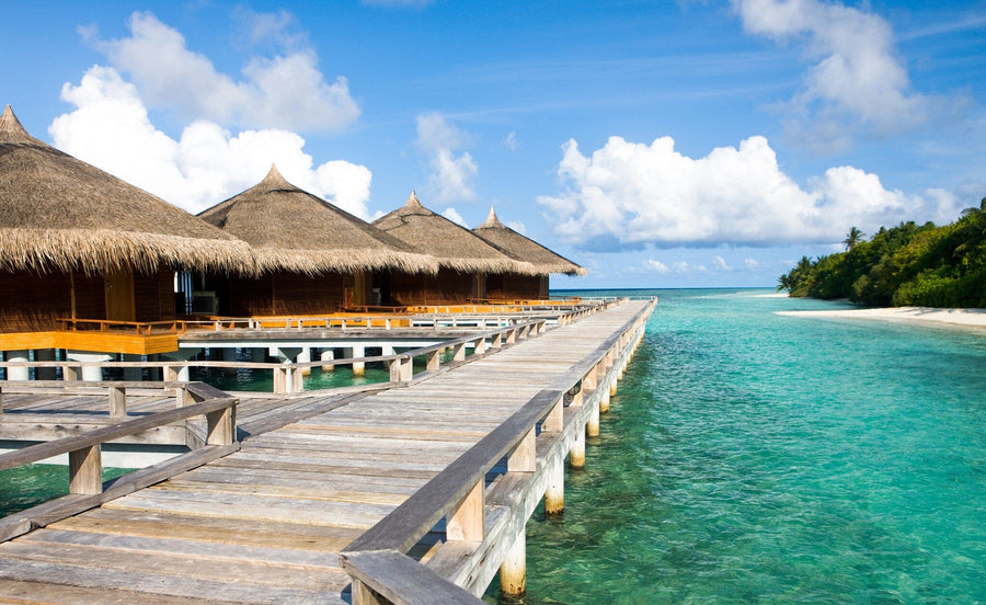 A modern living-dining area features wood furniture, blue armchairs, pendant lights, and the Water Villas Wall Mural depicting an overwater bungalow walkway above turquoise water for a tropical vibe. Rugs and decor add warmth to the space.