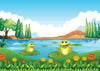 The Waterside Frogs Wall Mural features two green frogs on lily pads in a blue pond, surrounded by trees, grass, hills, and vibrant flowers under a bright sky—a colorful, cartoon-like scene perfect for brightening any space.