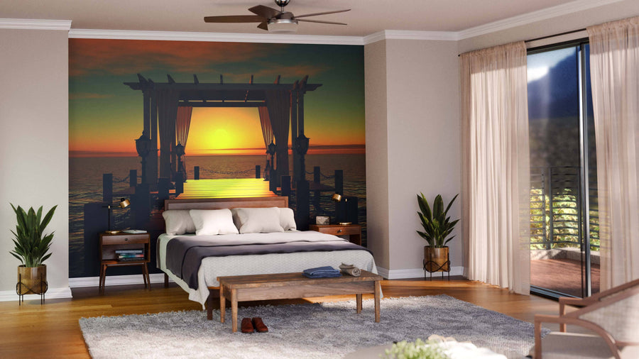 A modern living and dining room with wooden floors, dark dining furniture, teal armchairs, a curved wooden coffee table, and the "Wedding Gazebo on the Pier Wall Mural" creates a warm and inviting atmosphere.