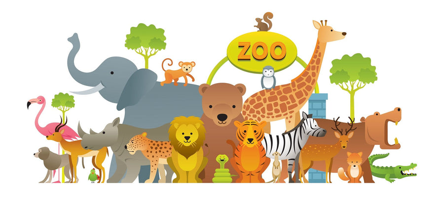 A bright, cozy nursery with the "Welcome to the Zoo Wall Mural" featuring cartoon zoo animals, trees, and a zoo sign. The room includes a crib, window, toys, and wooden furniture for a playful space that grows with your child.
