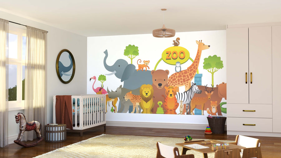 A bright, cozy nursery with the "Welcome to the Zoo Wall Mural" featuring cartoon zoo animals, trees, and a zoo sign. The room includes a crib, window, toys, and wooden furniture for a playful space that grows with your child.