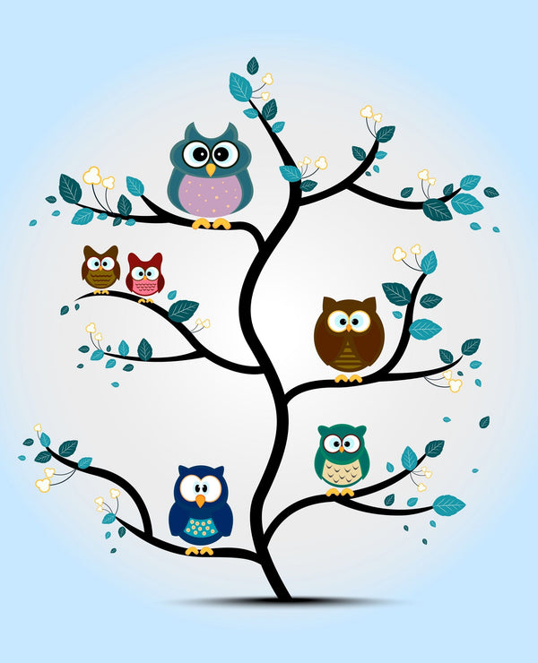 Deposit photo's Nursery 14 Wall Mural features six uniquely designed cartoon owls perched on a stylized tree with green leaves and white flowers against a light blue background, offering a symmetrical, decorative flair for custom printed or peel and stick wall murals.