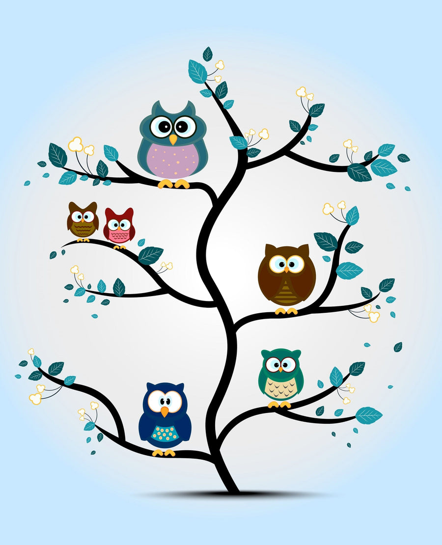 A cozy nursery with a white crib, orange blanket, soft rug, wicker basket, toy stackers, sheer curtains, and rattan light fixture. The wall features the Whimsical Owl Family Wall Mural with five cartoon owls in a tree.