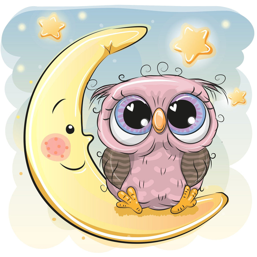 A nursery features the Wide-Eyed Owl Wall Mural showing a cute owl on a crescent moon with stars. Soft, neutral colors pair with a white dresser, gray rug, and playful décor. The removable wallpaper adds charm and versatility to the room.