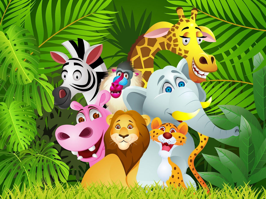 A nursery with a white crib beside the Wild Animals Wall Mural, which features cartoon jungle animals and green leaves. To the right are a dresser, a plant, and wall shelves displaying framed photos and books.