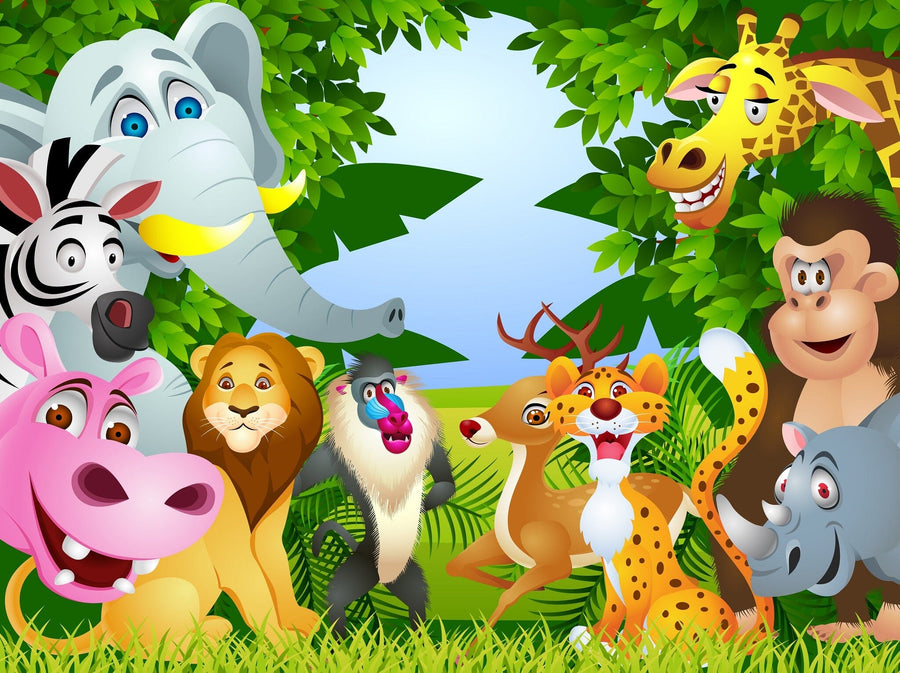 A bright nursery features the Wild Animals in the Forest Wall Mural with cartoon jungle animals. A white crib stands against it, surrounded by a dresser, shelves, plants, and a cozy rug.