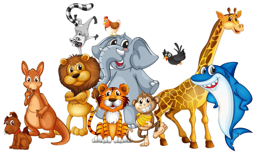 A bright nursery with a white crib, modern furniture, and the Wild Companions Wall Mural featuring cheerful cartoon animals—kangaroo, lion, elephant, giraffe, tiger, and blue shark—all smiling together.