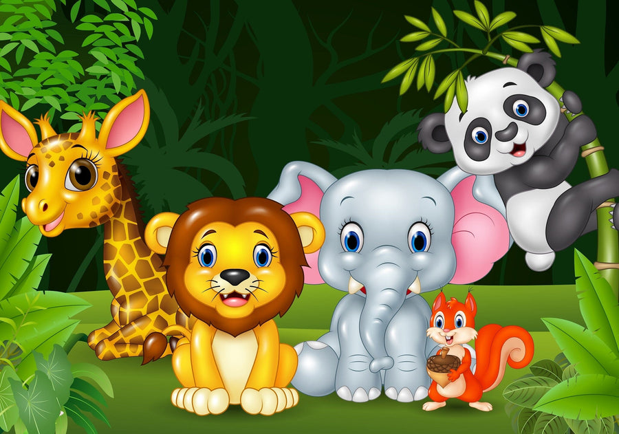 A cozy, modern nursery features a white crib, wooden floor, and dresser. The wall displays the Wildlife Adventure Wall Mural with cartoon jungle animals among greenery, while soft toys and plants add charm to the room.