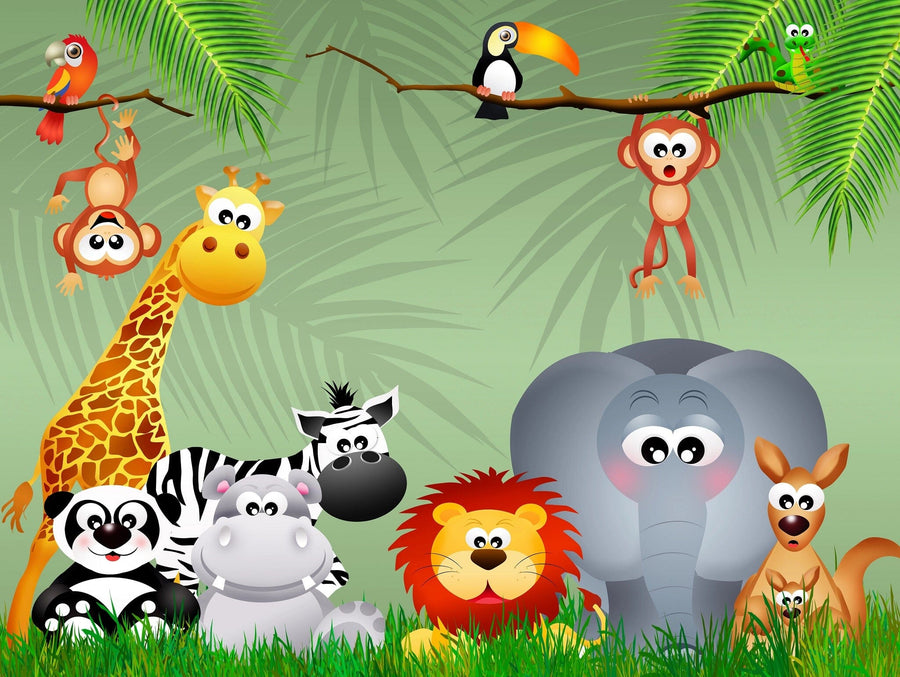 A nursery features a crib beside the Wildlife Fun Wall Mural with cartoon jungle animals—giraffe, lion, elephant, and monkeys. A white dresser and potted plant on wooden floors complete this space for peel and stick mural enthusiasts.
