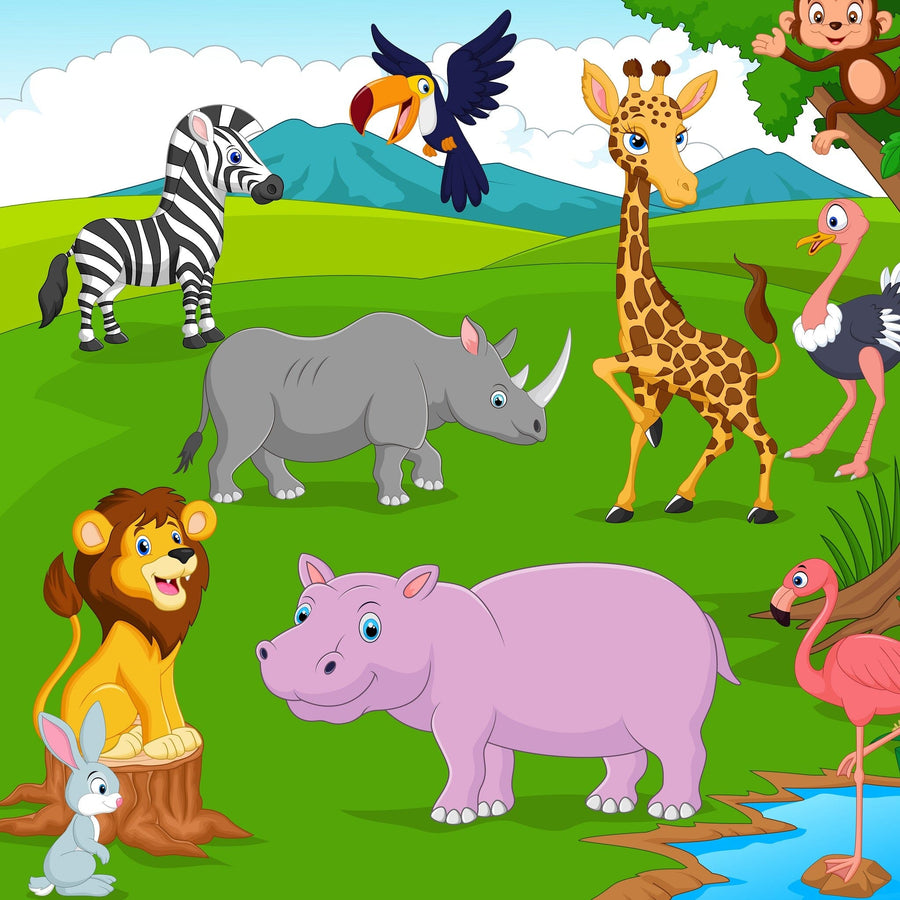 The Wildlife Fun Day Wall Mural features a cartoon zebra, toucan, giraffe, and more on a green field with hills, blue sky, and clouds—perfect for custom printed wall murals or removable wallpaper.