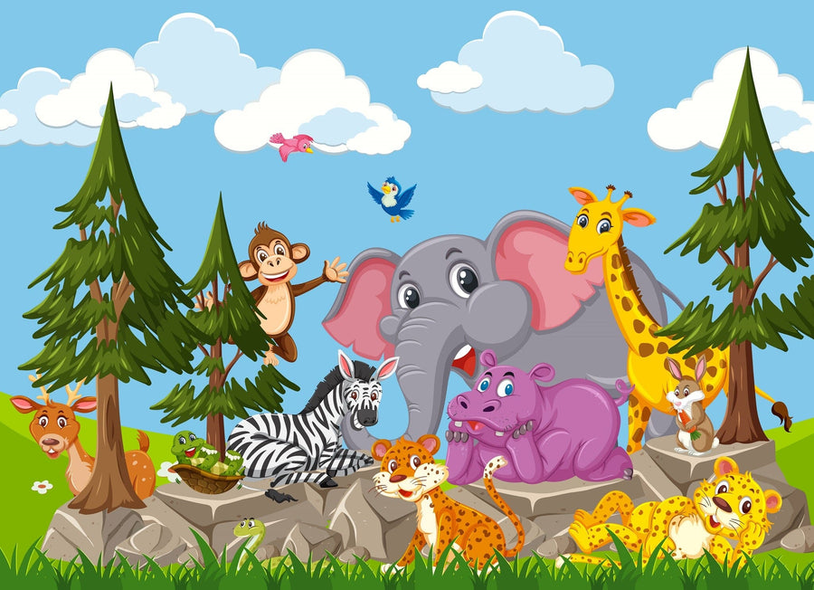 A bright nursery showcases the Wildlife Gathering Wall Mural, featuring cartoon jungle animals amid trees and clouds. The room includes a crib, dresser, mirror, window with curtains, chair, and rocking horse.