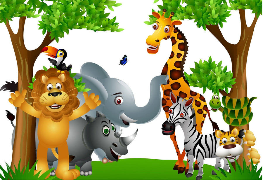 A nursery with a crib, dresser, and shelves features the Wildlife Group Wall Mural—colorful, peel-and-stick cartoon jungle animals under green trees—creating a cheerful atmosphere that’s easy to update with removable wallpaper.