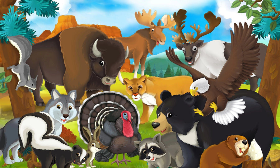 A cozy nursery with a crib and armchair features the Wildlife Harmony Wall Mural, displaying cartoon forest animals like a bison, moose, eagle, fox, beaver, wolf, and rabbit. A soft rug, toys, lamp, and book-filled shelves add warmth.