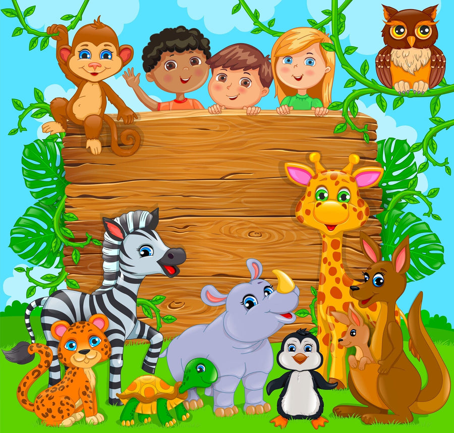 A bright nursery features the Wildlife Welcome Wall Mural with illustrated children, a giraffe, zebra, monkey, rhino, and penguin. The room includes a crib, rocking horse, mirror, baskets, and wardrobe with sunlight streaming in.