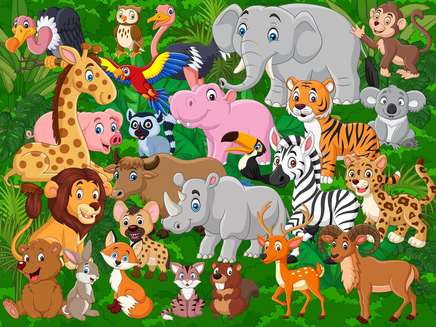 A brightly lit nursery features the Wildlife Wonders Wall Mural with cartoon safari animals. The room includes a crib, toys, a rocking horse, light curtains, a large rug, and white furniture.