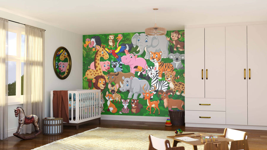 A brightly lit nursery features the Wildlife Wonders Wall Mural with cartoon safari animals. The room includes a crib, toys, a rocking horse, light curtains, a large rug, and white furniture.