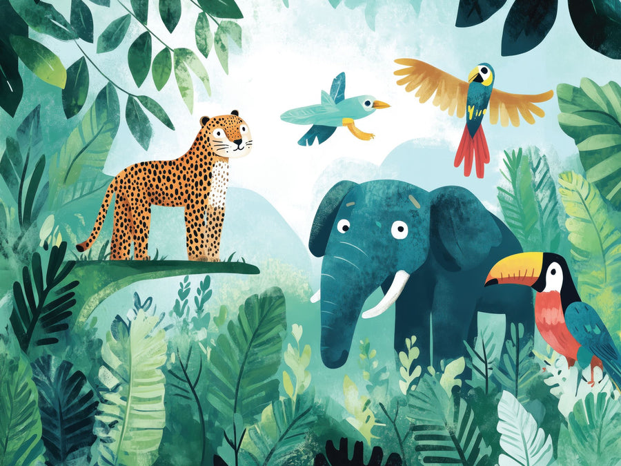 A nursery displays the Wildlife in Harmony Wall Mural—showing a leopard, elephant, parrot, and toucan above a white crib—alongside a dresser with a plant, wall shelves, framed photos, wooden floors, and modern natural decor.