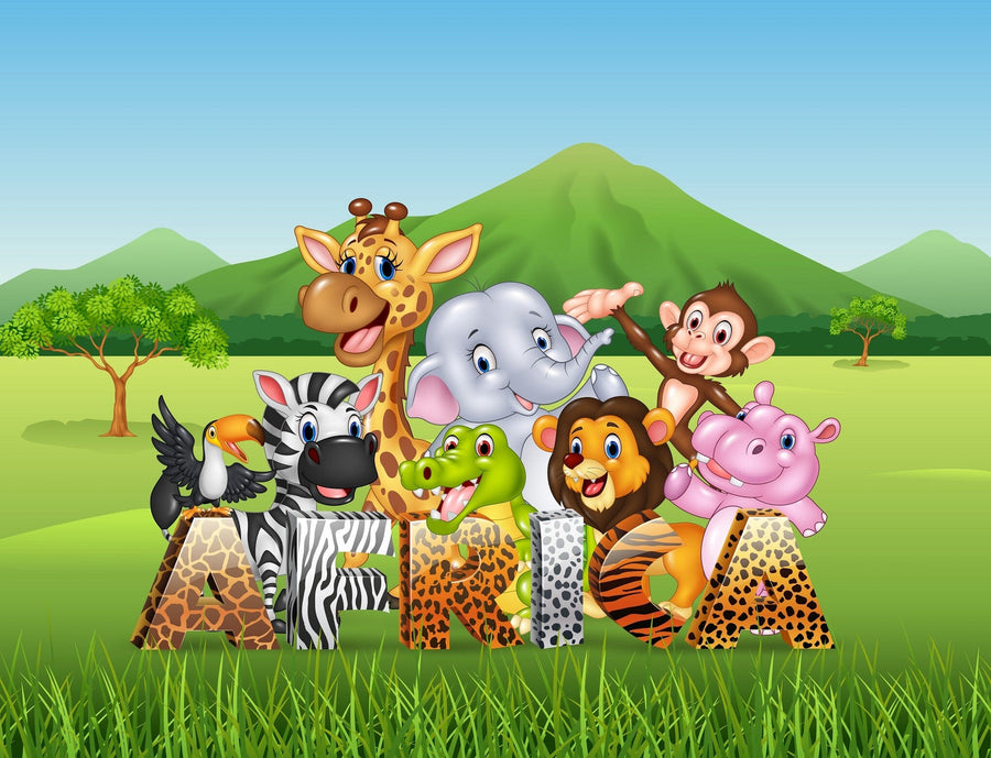 A nursery with a white crib is set before the vibrant Wildlife of Africa Wall Mural, featuring cartoon jungle animals on green hills. A dresser, potted plant, and photo frames add cozy touches to the cheerful space.