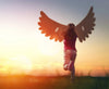 As the child runs through the sunset field with cardboard wings, the sky becomes a vivid blend of orange and pink, resembling a Wings Wall Mural by, Wearing jeans and a red shirt, they lift their arms to mimic flying, embodying freedom and imagination.