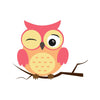 The Winking Pink Owl Wall Mural shows a cute, cartoon owl with pink and orange hues, round body, yellow-spotted belly, one eye open and the other winking. It features large yellow eyes and pink wings against a white background, ideal for peel-and-stick wall decor.