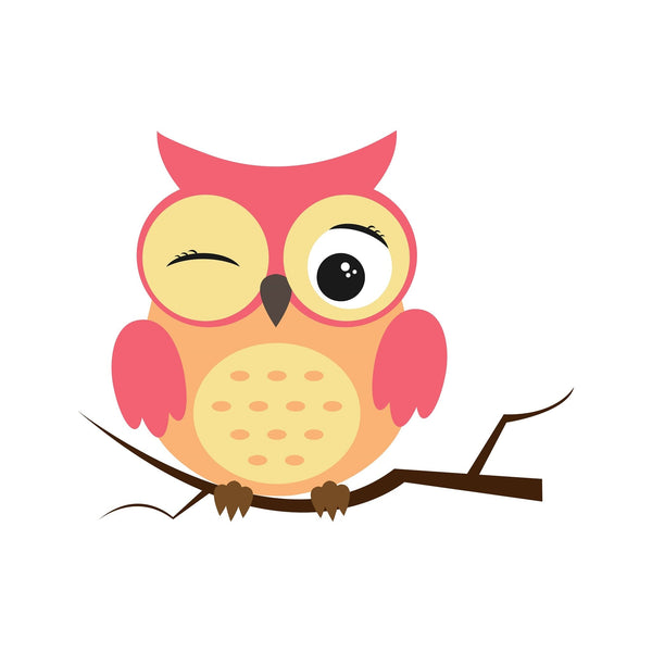 The Winking Pink Owl Wall Mural shows a cute, cartoon owl with pink and orange hues, round body, yellow-spotted belly, one eye open and the other winking. It features large yellow eyes and pink wings against a white background, ideal for peel-and-stick wall decor.