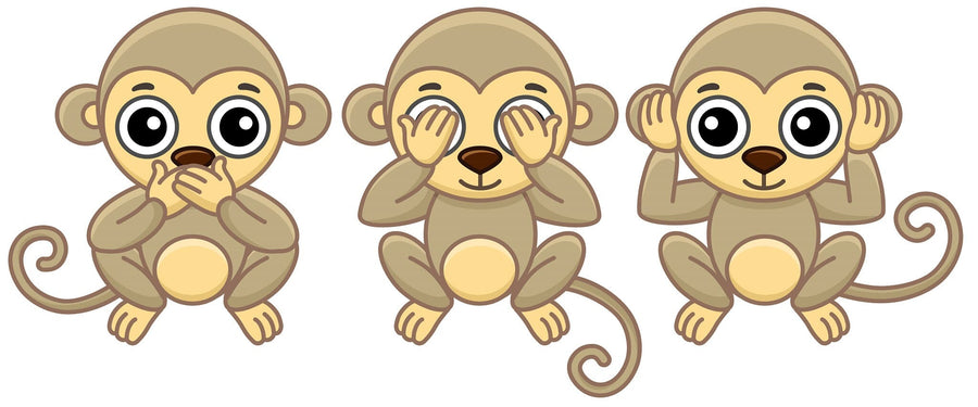 A nursery room features a crib, plush rug, toys, and a wardrobe. The Wise Monkeys Wall Mural shows “see no evil, hear no evil, speak no evil.” A round monkey-face mirror hangs nearby while light streams through sheer curtains.