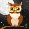 The Wise Moon Watcher Wall Mural features a captivating cartoon owl with large eyes and brown feathers on a branch against a night sky, highlighted by a bright full moon and stars. The detailed owl wings and green leaves enhance its charm. Perfect for peel and stick applications.