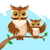 The Wise and Watchful Wall Mural features two cartoon owls on a branch. The larger owl has big yellow eyes and light brown feathers, while the smaller one shares similar traits. Both have head tufts set against a light blue background with a curved top, perfect for peel and stick application.