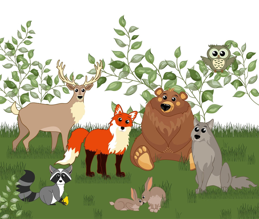 A cozy, modern nursery is brightened by the Woodland Animal Friends Wall Mural, displaying deer, fox, bear, owl, raccoon, rabbit, and wolf on green grass with leafy branches. A crib, rocking horse, basket, and toys furnish the sunlit space.