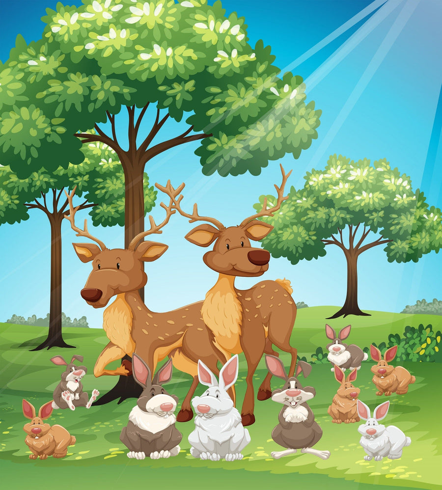 A bright nursery features a crib, round mirror, changing table, and the Woodland Friends Wall Mural with cartoon deer, rabbits, and trees under a blue sky. Sunlight shines through sheer curtains onto neatly arranged toys and baskets.