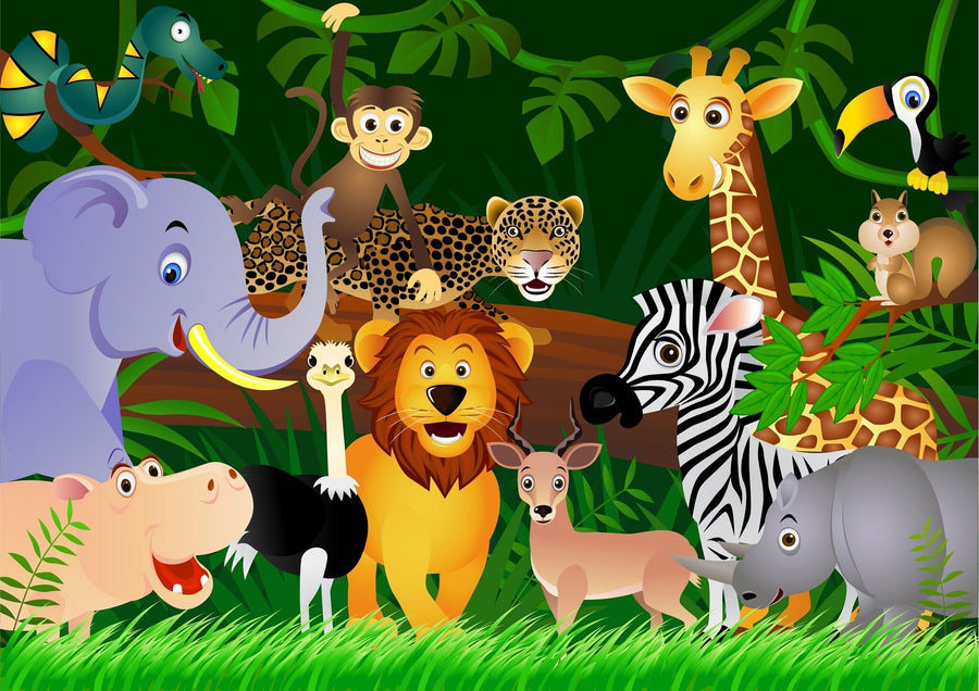 A nursery featuring the Wild Cartoon Animals Wall Mural, a jungle-themed peel-and-stick design with elephants, lions, monkeys, giraffes, and zebras. A white crib, dresser with changing pad, plush toys, plant, and framed art add coziness.