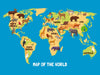 The World Animal Map Wall Mural features an illustrated map with animals like a moose in North America, llama in South America, bear in Europe, panda in Asia, lion in Africa, and kangaroo in Australia. Set against a blue ocean backdrop, it's ideal for creating a playful "Map of the World" display as a peel and stick mural!.