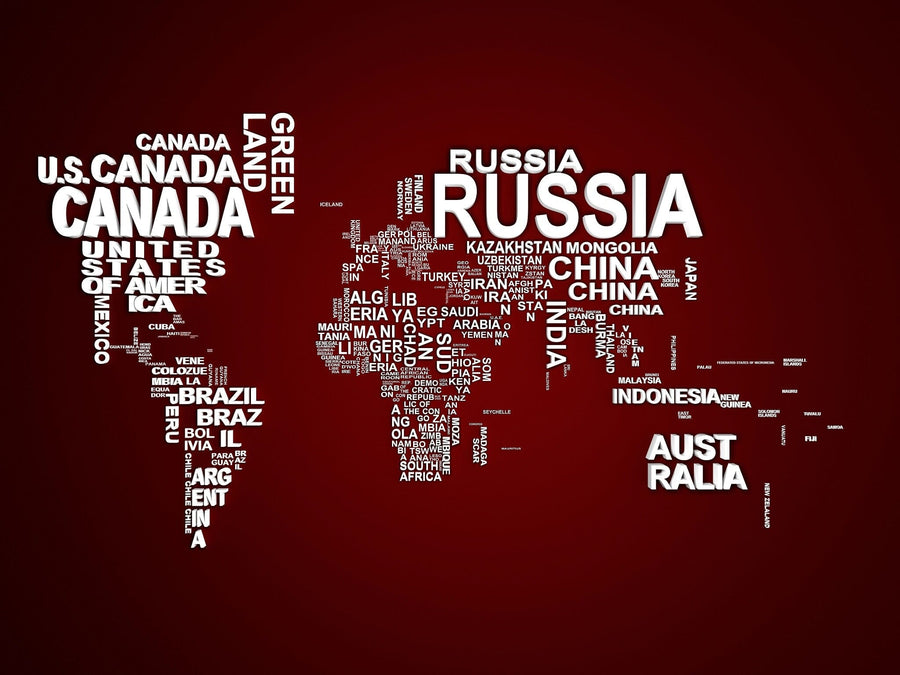 The Map 9 Wall Mural by features a world map with country names in varying fonts and sizes, creating the shape of continents. Large countries like Russia, Canada, and China are emphasized. Its deep red background enhances the white text, and it’s available as easy-to-apply removable wallpaper.