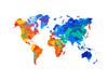 The World of Color Wall Mural features countries in varied hues depicting climate or geographical data: Americas in warm tones, Europe and Asia in cool blues and greens, Africa vibrant, Australia light blue. This custom mural enhances any room's style with its easy peel and stick design.