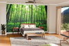 A modern bedroom showcases the Young Forest Trees Wall Mural behind the bed, with wooden furniture, lush plants, and sliding glass doors draped in sheer curtains opening to a balcony with a scenic view.