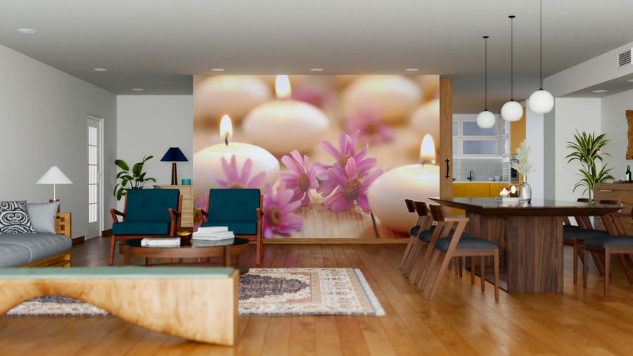 A modern living-dining room with wood floors, blue chairs, and a Candles and Flowers Wall Mural creates a cozy, serene vibe. The space includes pendant lights, a dining table, and mid-century-style furniture.