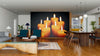 A modern open living and dining area with wood floors, teal chairs, and a Candles in the Dark Wall Mural. The space features a dining table for six, plants, rugs, and minimalist decor.
