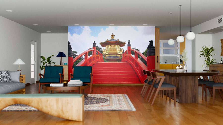 Modern open-plan living and dining space with wooden floors and furniture. The Chi Lin Nunnery Wall Mural, featuring a vivid red bridge to a traditional pavilion, adds vibrant color as the room’s stunning focal point.