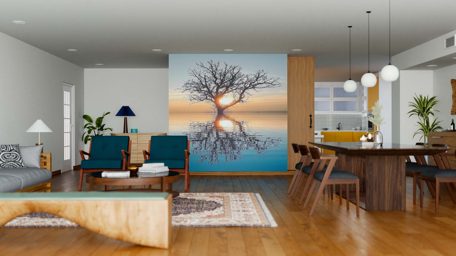 Modern open-concept living and dining area with wood floors and mid-century furniture. A striking Flooded Landscape Wall Mural divides the living room from the yellow-accented kitchen in the background.