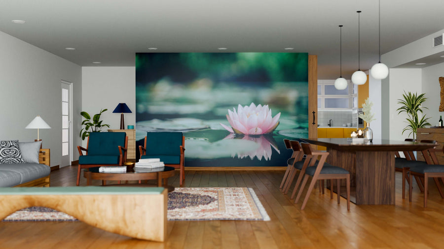 Modern open-concept living and dining area with wooden floors, blue chairs, pendant lights, and a kitchen in the background. The highlight is the "Lotus Flower After Raining Wall Mural," creating a contemporary, inviting atmosphere.