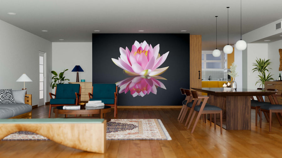 A modern open-plan living and dining area features wood floors, mid-century furniture, and a large Pink Water Lily Wall Mural. Teal accents, green plants, and neutral decor create a cozy atmosphere.