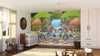 A cozy nursery features the Zebra Safari Ride Wall Mural with cartoon kids riding a zebra-striped jeep, zebras, a waterfall, huts, and trees. The room includes a crib, rocking horse, round mirror, baskets on wood floors, and a soft rug.