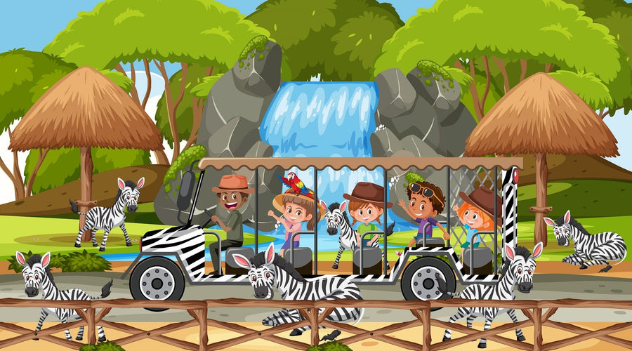A children’s room displays the Zebra Zone Wall Mural, featuring kids in a jeep, zebras, huts, trees, and a waterfall. The space includes a crib, round mirror, storage basket, rocking horse, rug on wood floors, and large windows with natural light.